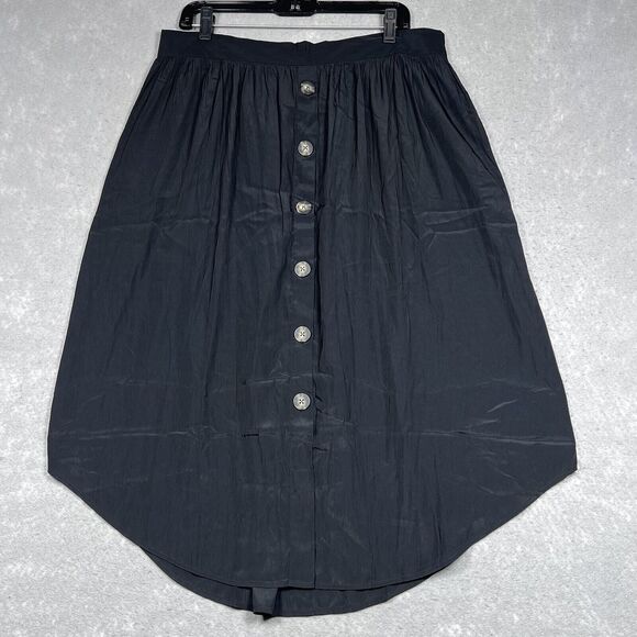 J Jill Pleated Skirt Womens LP Black Pockets Rounded Hem Elastic Waist Button - Picture 1 of 11